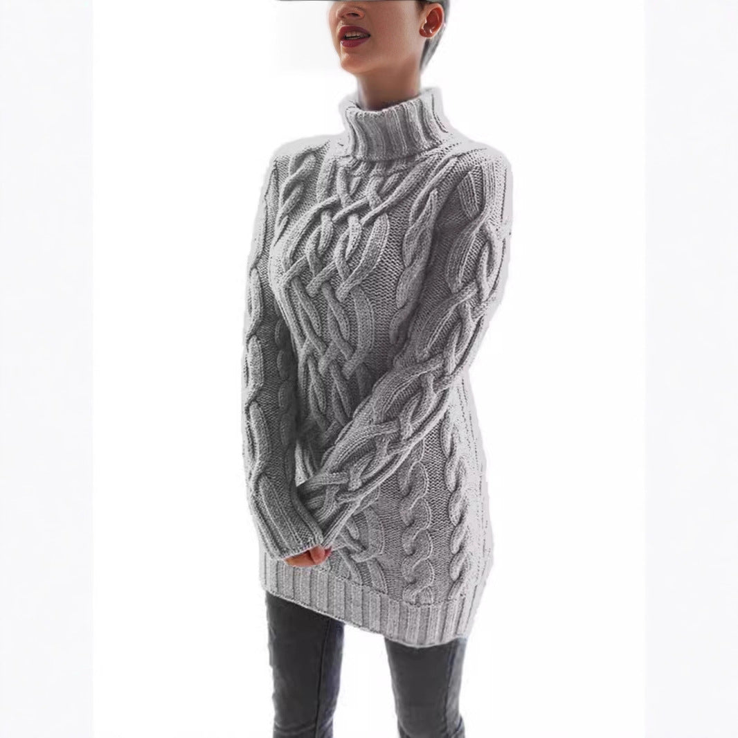 Long Sleeve Slim Knit Dress Solid Color High Neck Thickened Sweater