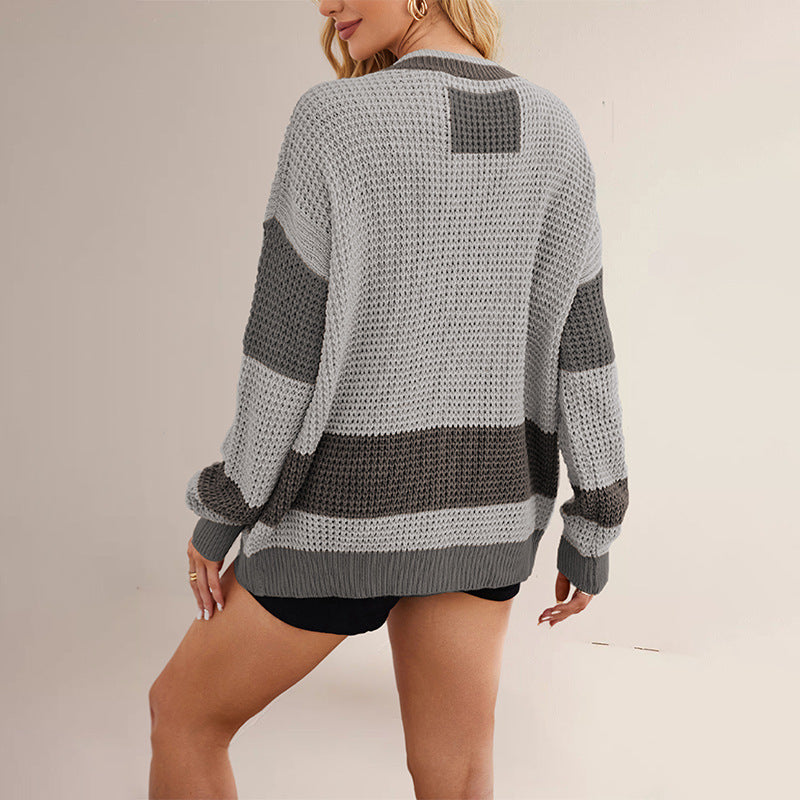 Women's Classy Knitted Pocket Color Matching Sweaters