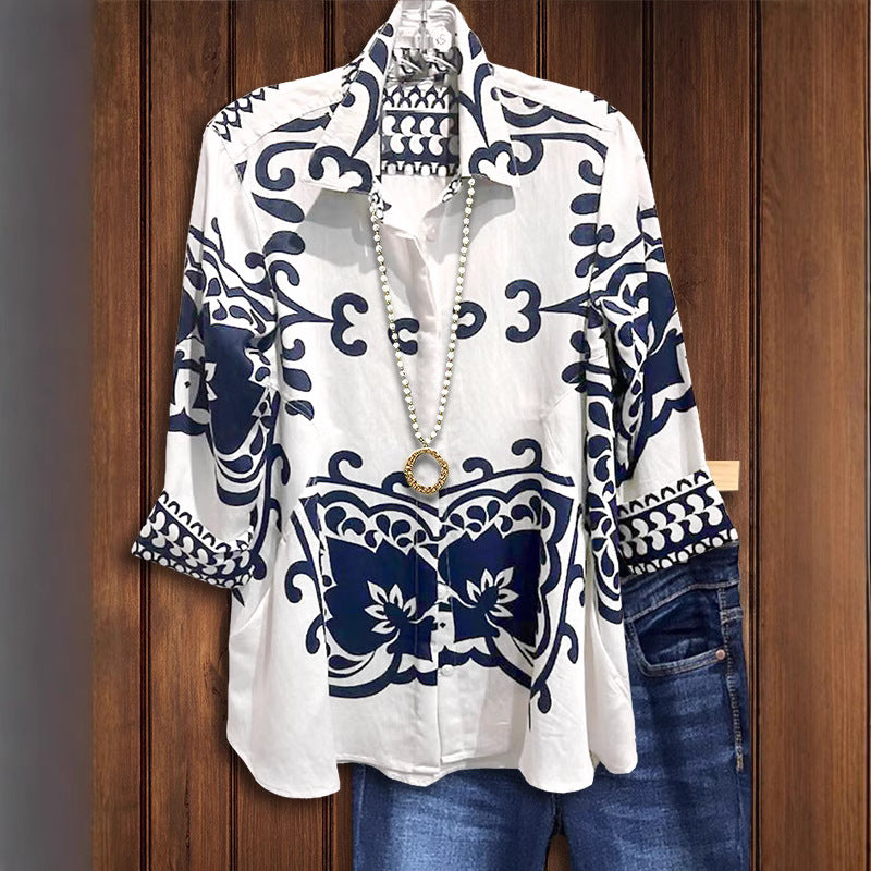 Women's Retro Black White Square Scarf Printed Shirt Court Blouses