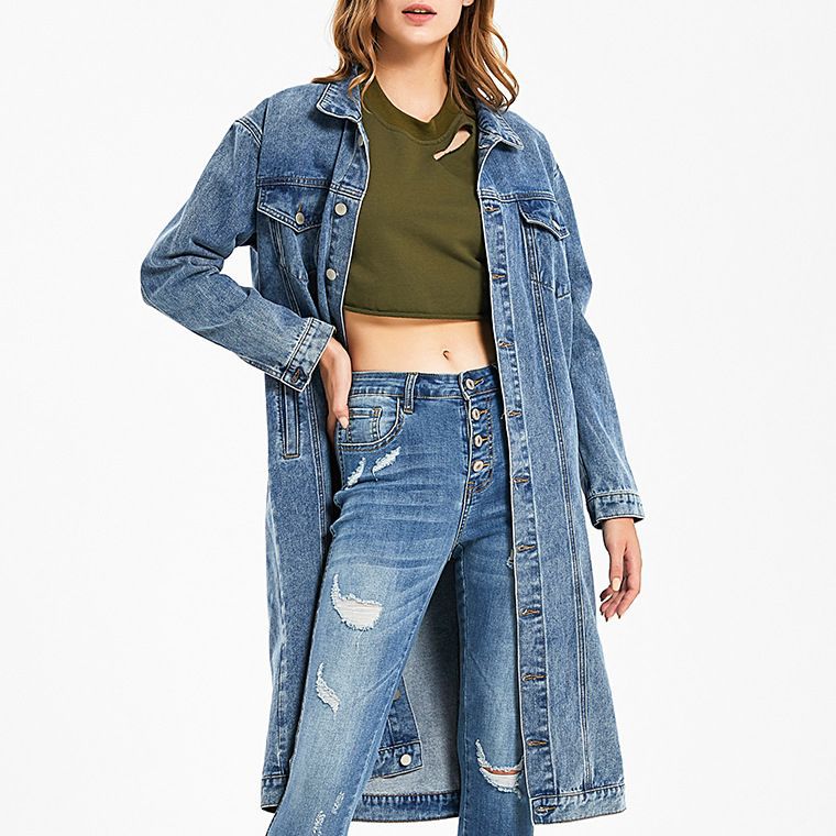Women's Long Denim Washed-out Vintage Slim Fit Jackets