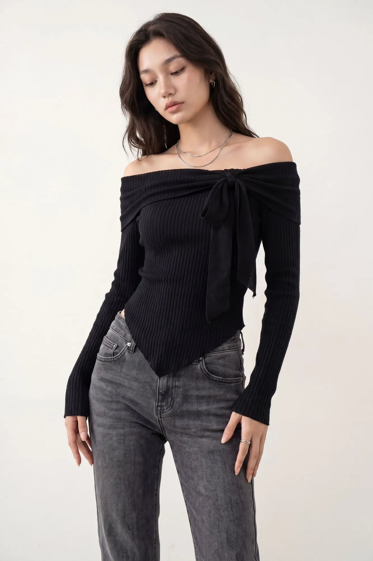 French Sunken Stripe Knit With Bow Tops