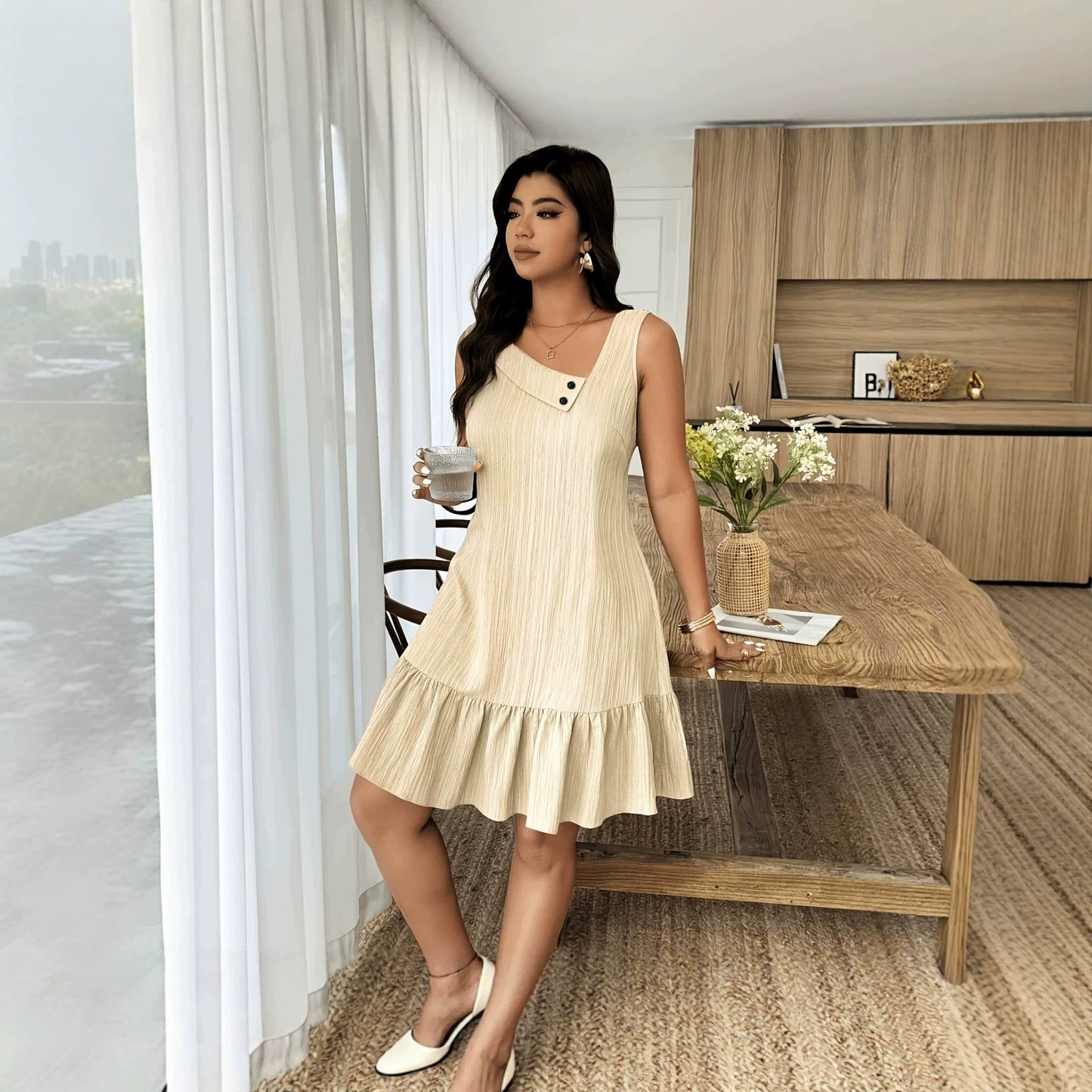 Fashion Sleeveless Small Diagonal Collar Casual Dress