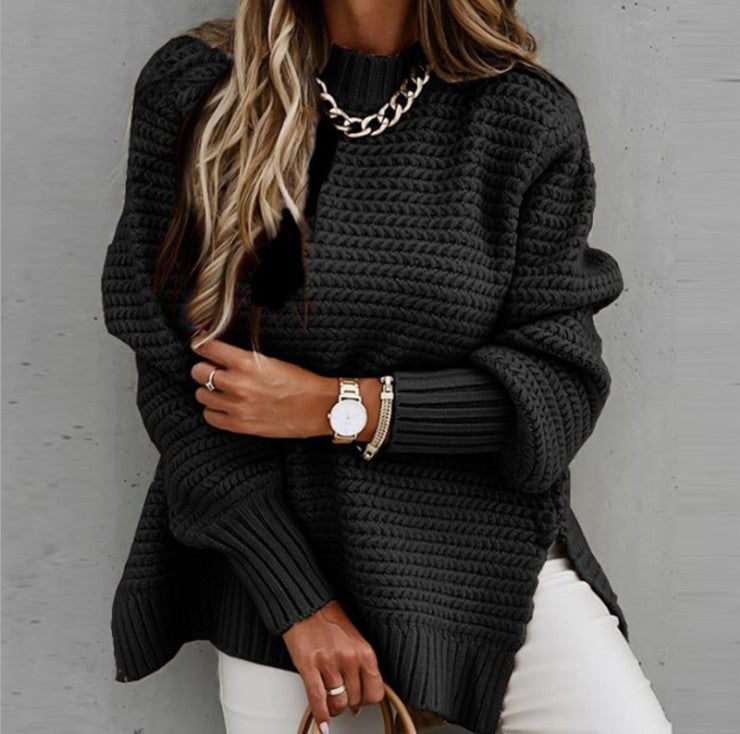 Women's Turtleneck Loose-fitting Solid Color Long Sleeves Side Slit Knitted Sweater