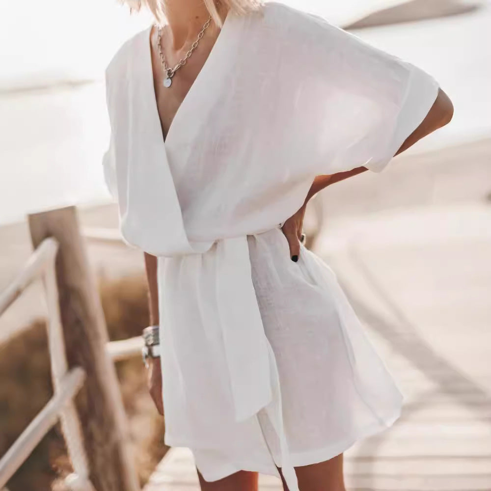 Sleeve Solid Color Loose Pockets Belt Shorts