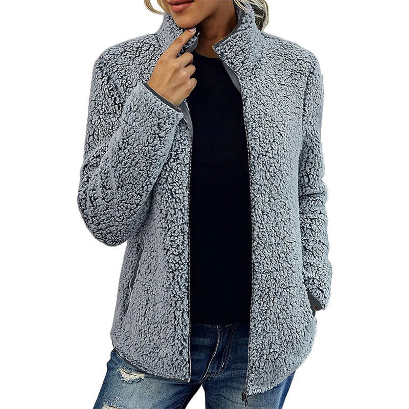 Women's Solid Color Loose Casual Zipper Bubble Veet Coats