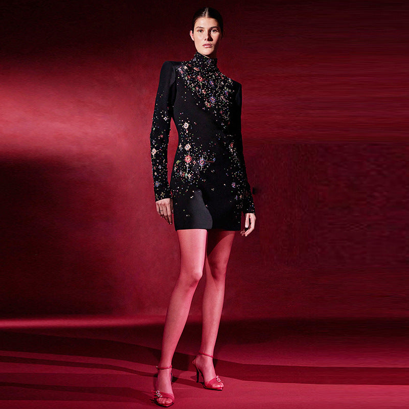 Fashion Diamond Embroidered Beads Rhinestone Long-sleeved Dress