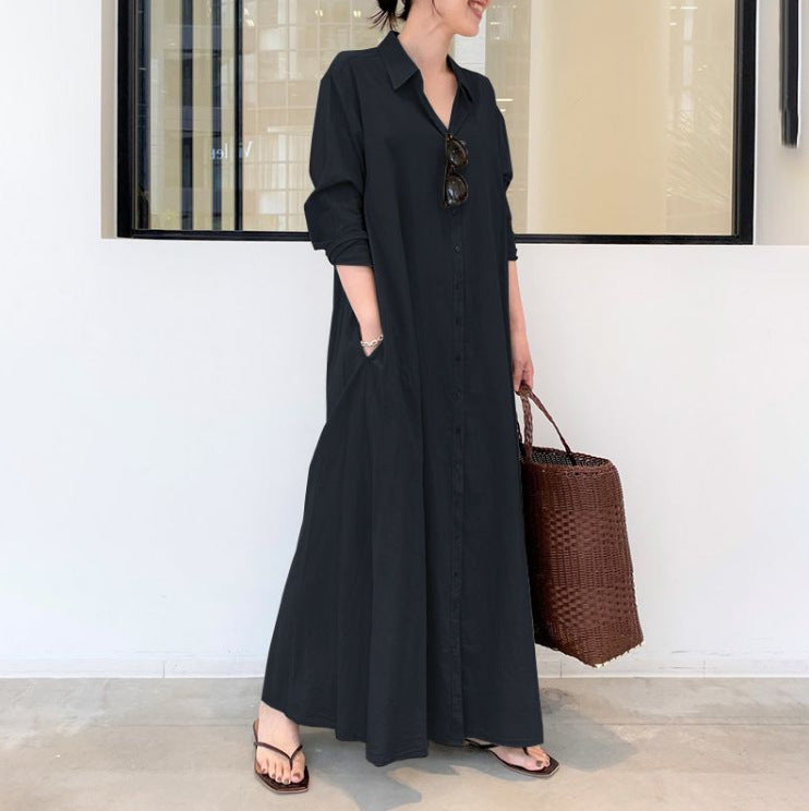 Solid Color Lapel Long Sleeve Pocket Simple Loose Dress