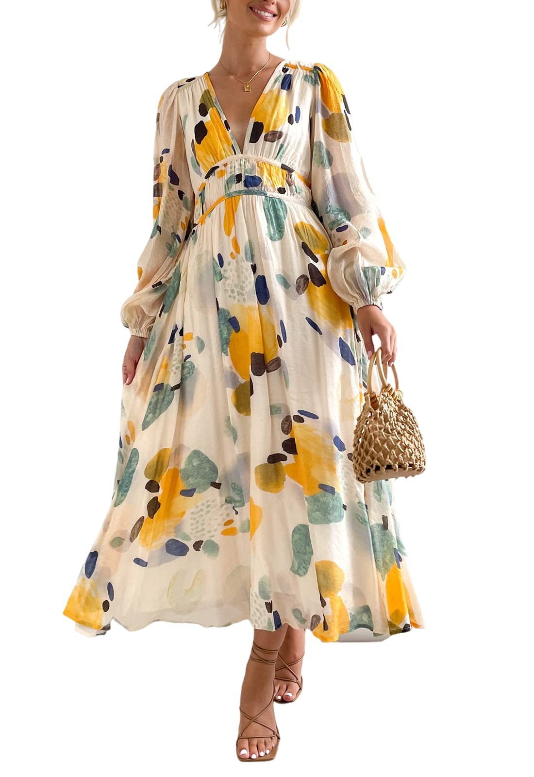 Women's Style Deep V Printed High Waist Casual Long Dresses