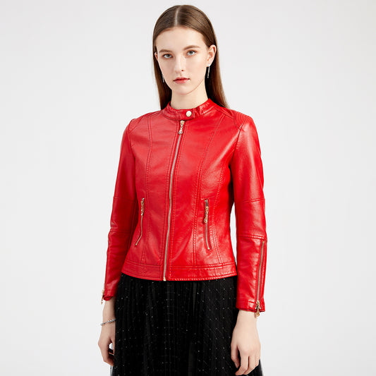 Women's Fashion Leather Stand Collar Thin Dark Jackets