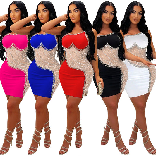 Women's Fashion Wear Pure Color Mesh Rhinestone Dress