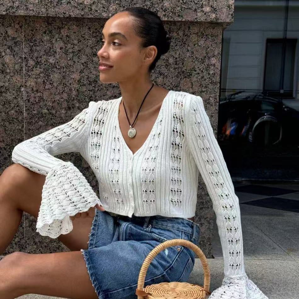 Women's Hollow Knitted Clothes Solid Color Long Blouses
