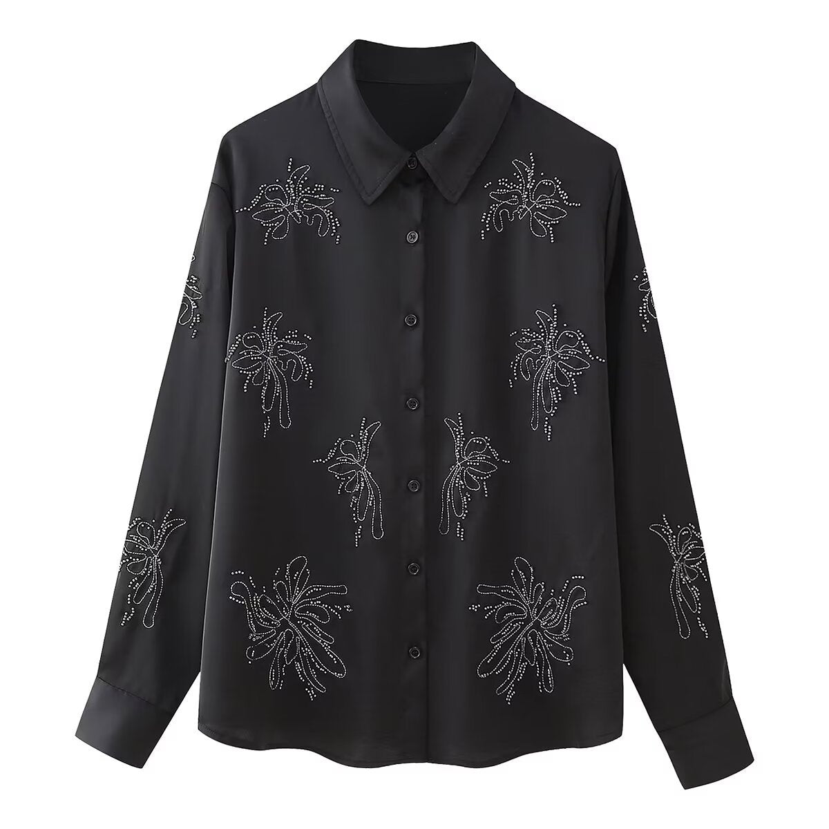 Women's Spring Lapel Beaded Long Sleeve Black Suits