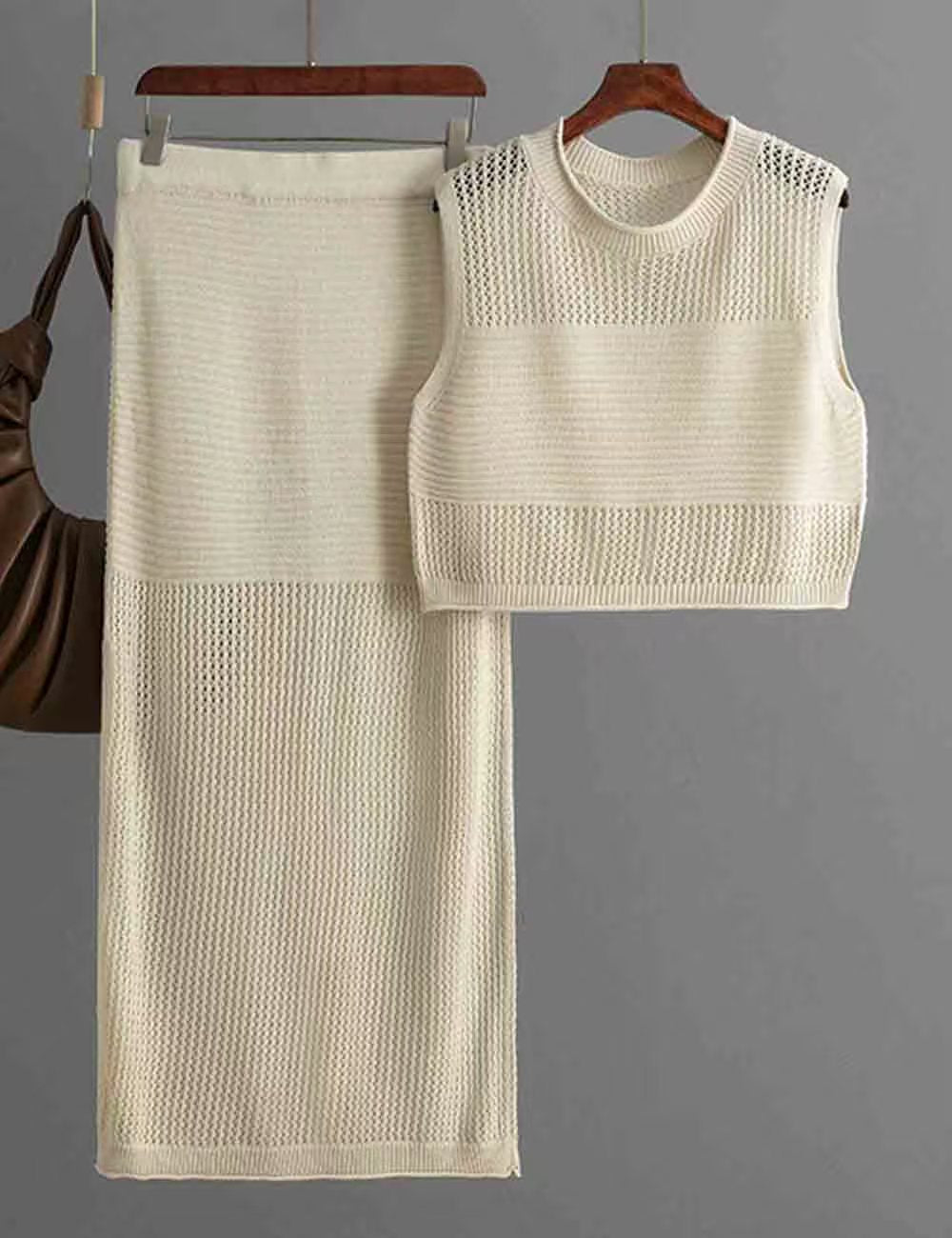 Hollow Sleeveless Summer Knitted Slit Two-piece Sweater
