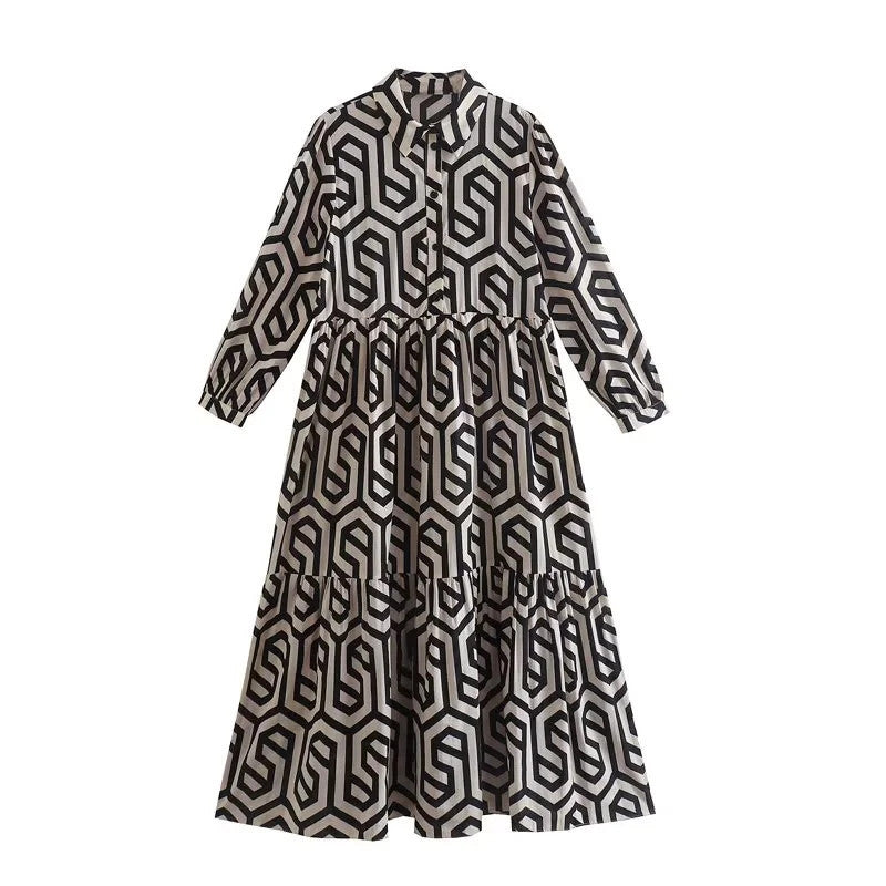 Women's Long Sleeve Turn-down Collar Green Geometric Pattern Dress