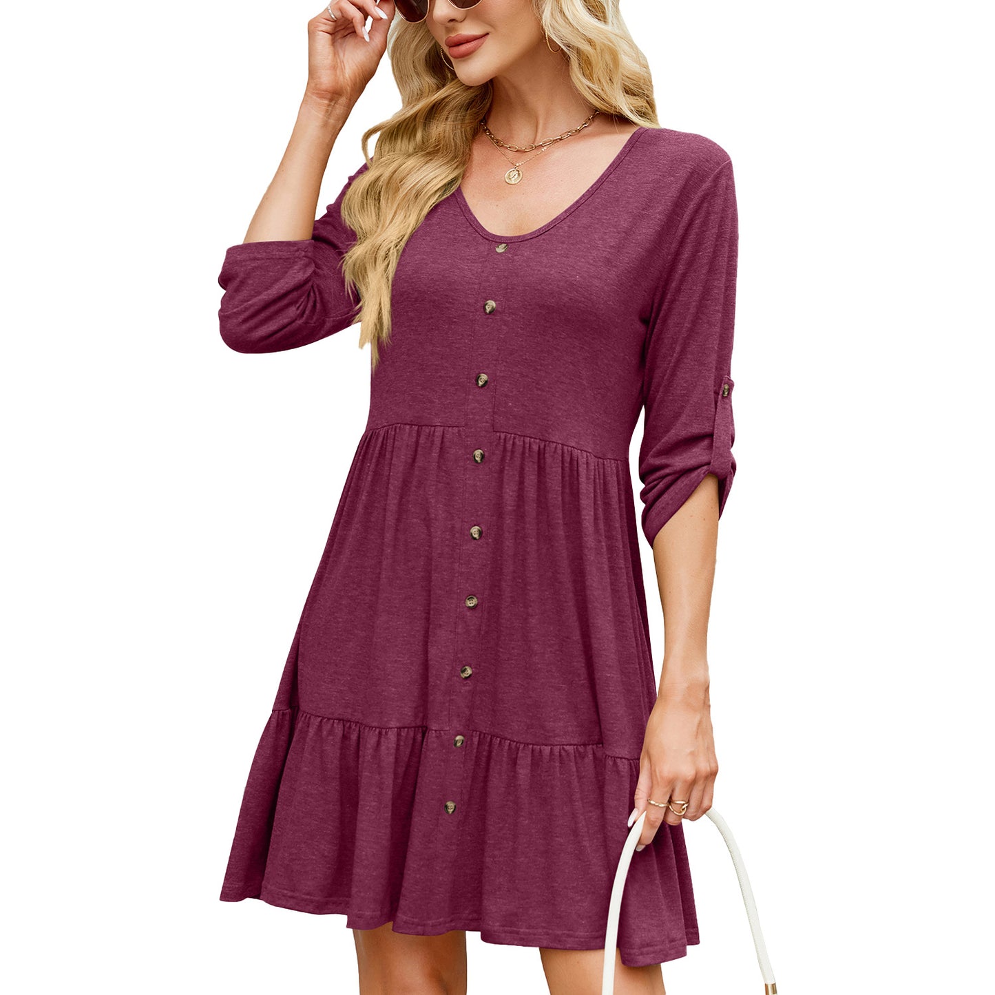 Solid Color Round Neck Button Pleated Dress