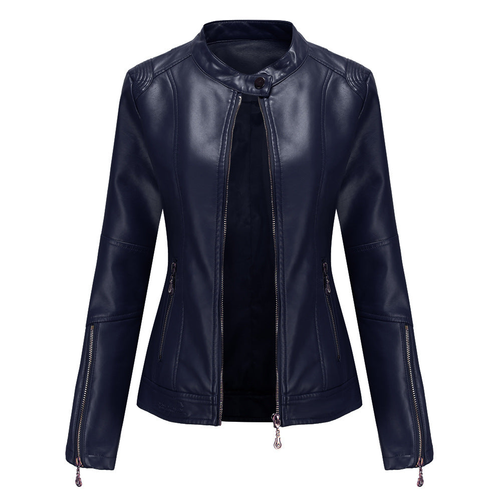 Women's Fashion Leather Stand Collar Thin Dark Jackets