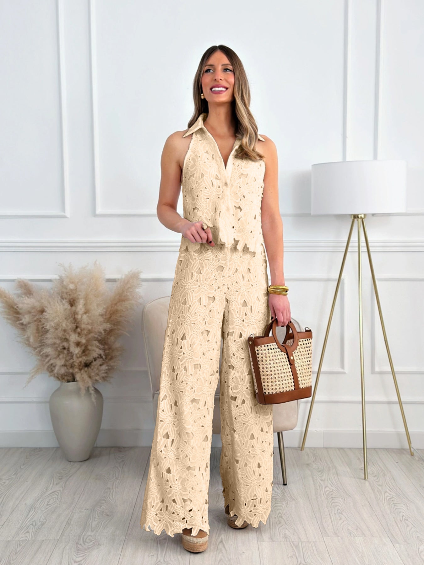 Summer French Style Embroidered Hollow Straight Suits
