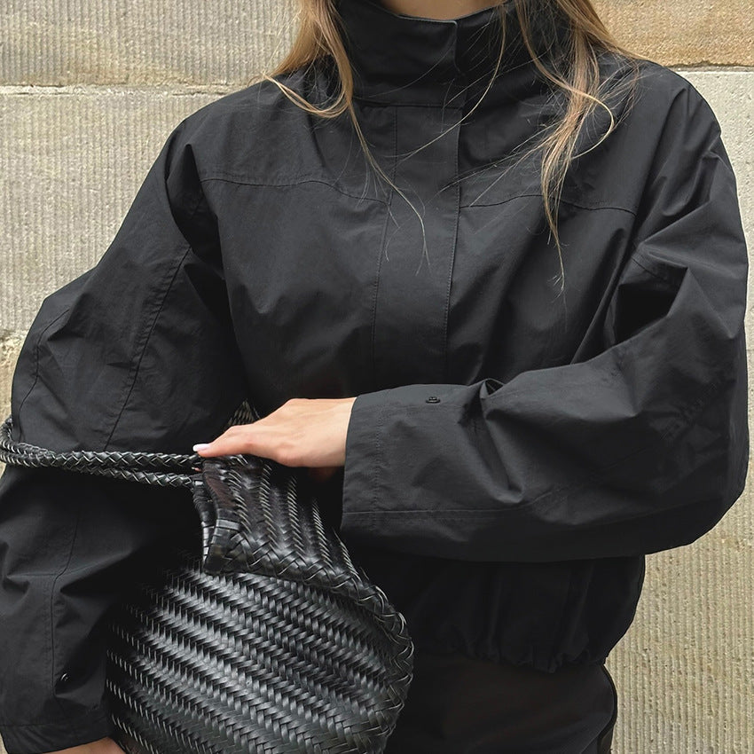 Drawstring Outdoor Design White Black Stand-up Coats