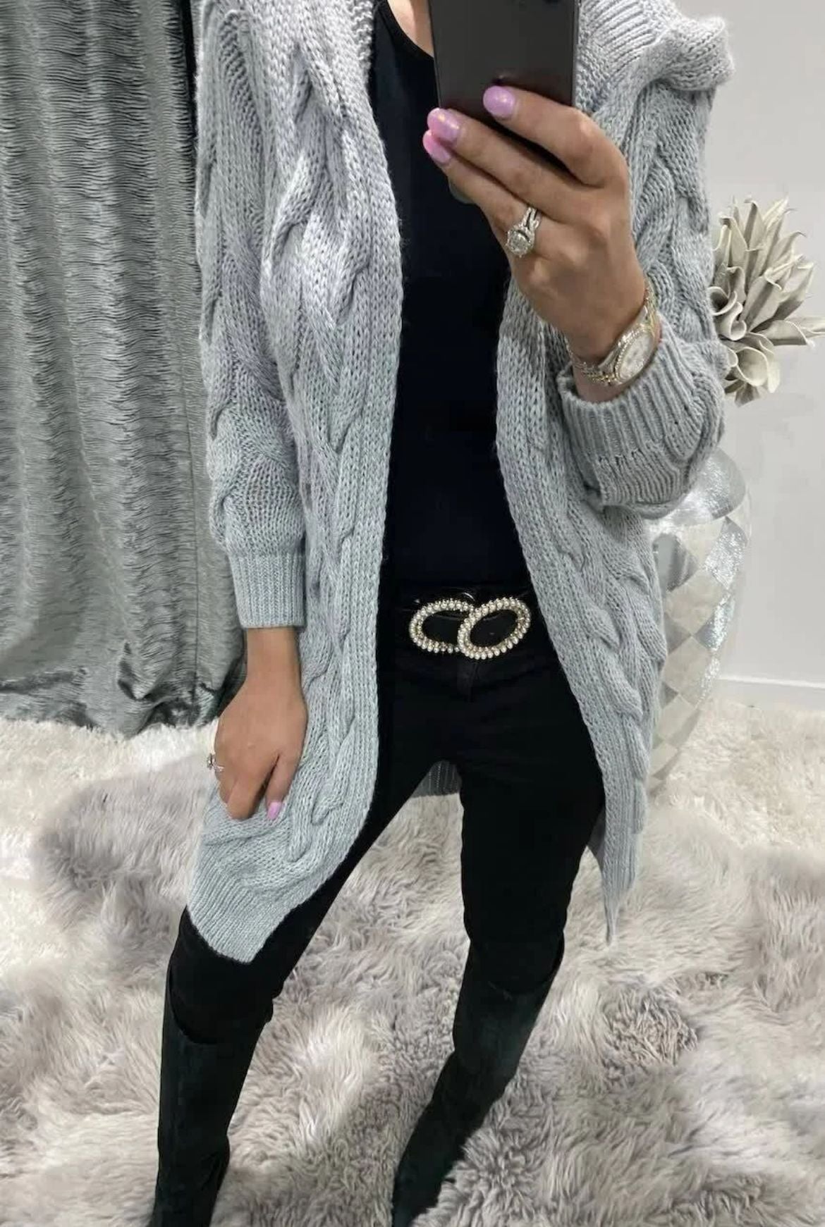 Women's Long Hooded Knit Twisted Sleeve Solid Knitwear