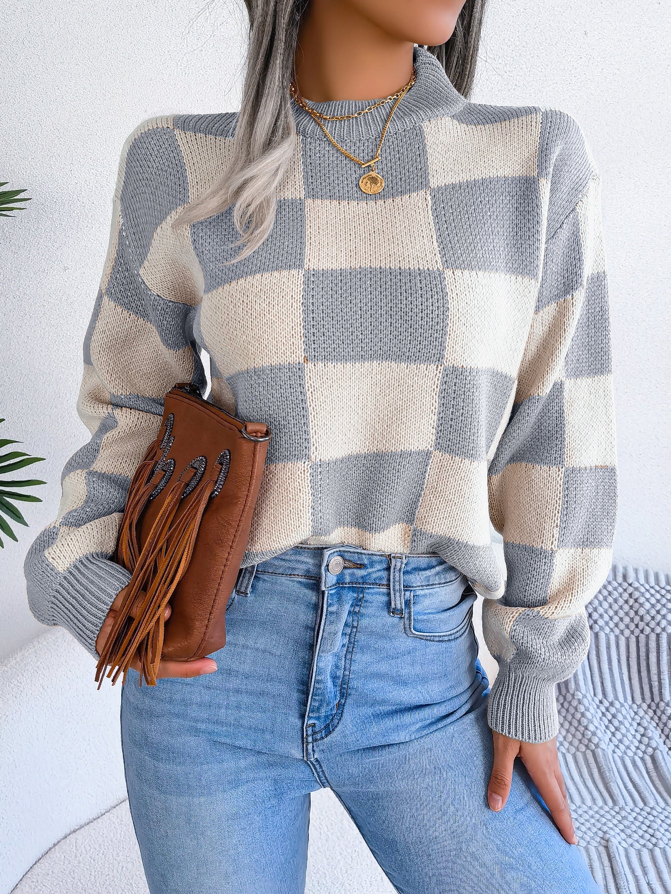 Women's Street Style Check Long Sleeve Pullover Sweater