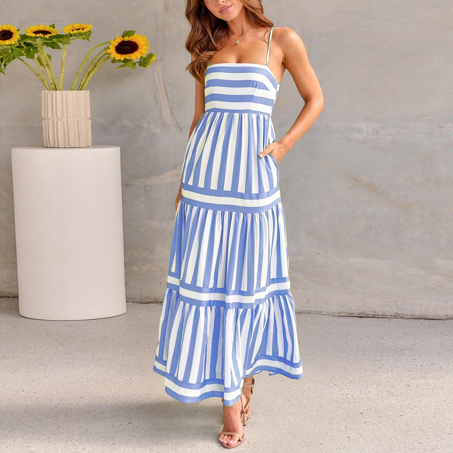 Women's Striped Positioning Printed Sling Backless Pocket Dresses