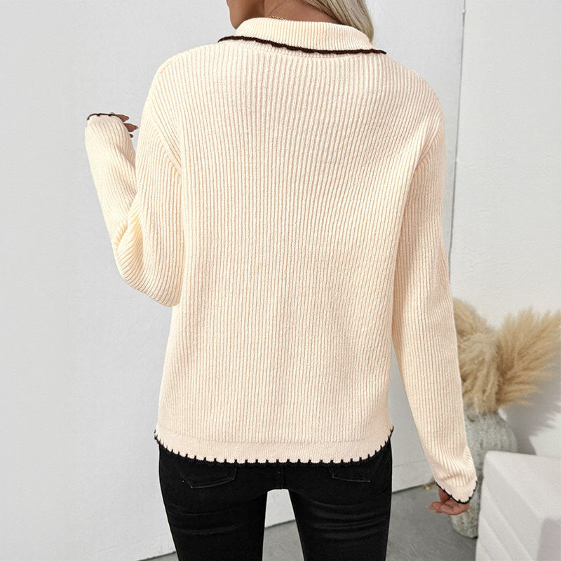 Sweet Style Bow Turn-down Collar Trim Sweaters
