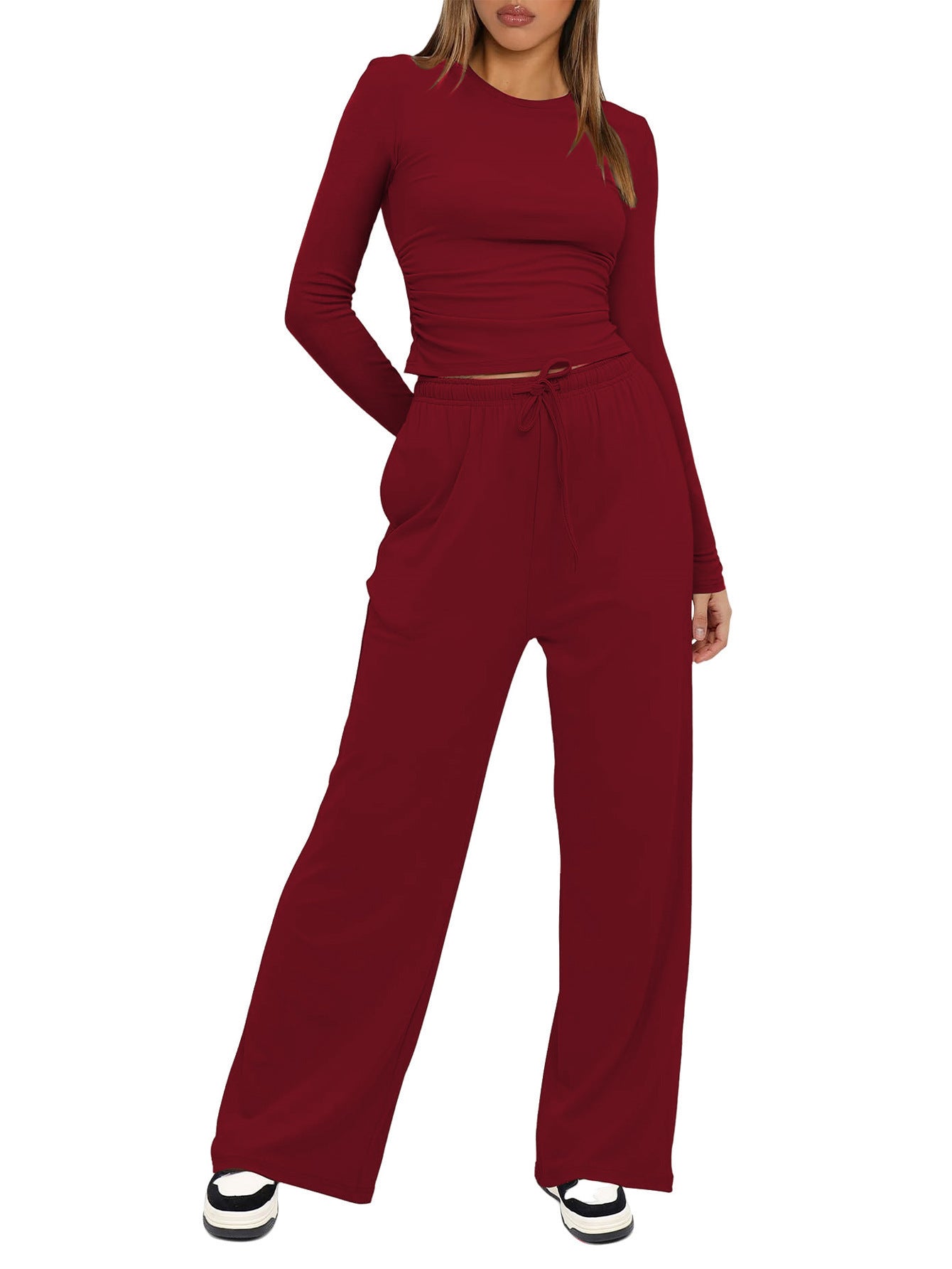 Solid Color Long Sleeves Outfit High Waist Wide Leg Tops