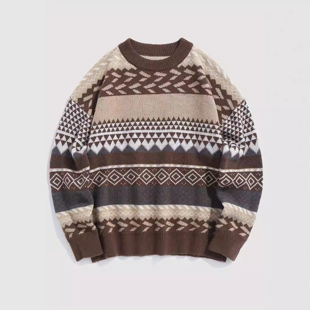 Women's Soft Glutinous Vintage Pullover Round Neck Long Sleeves Contrast Sweater