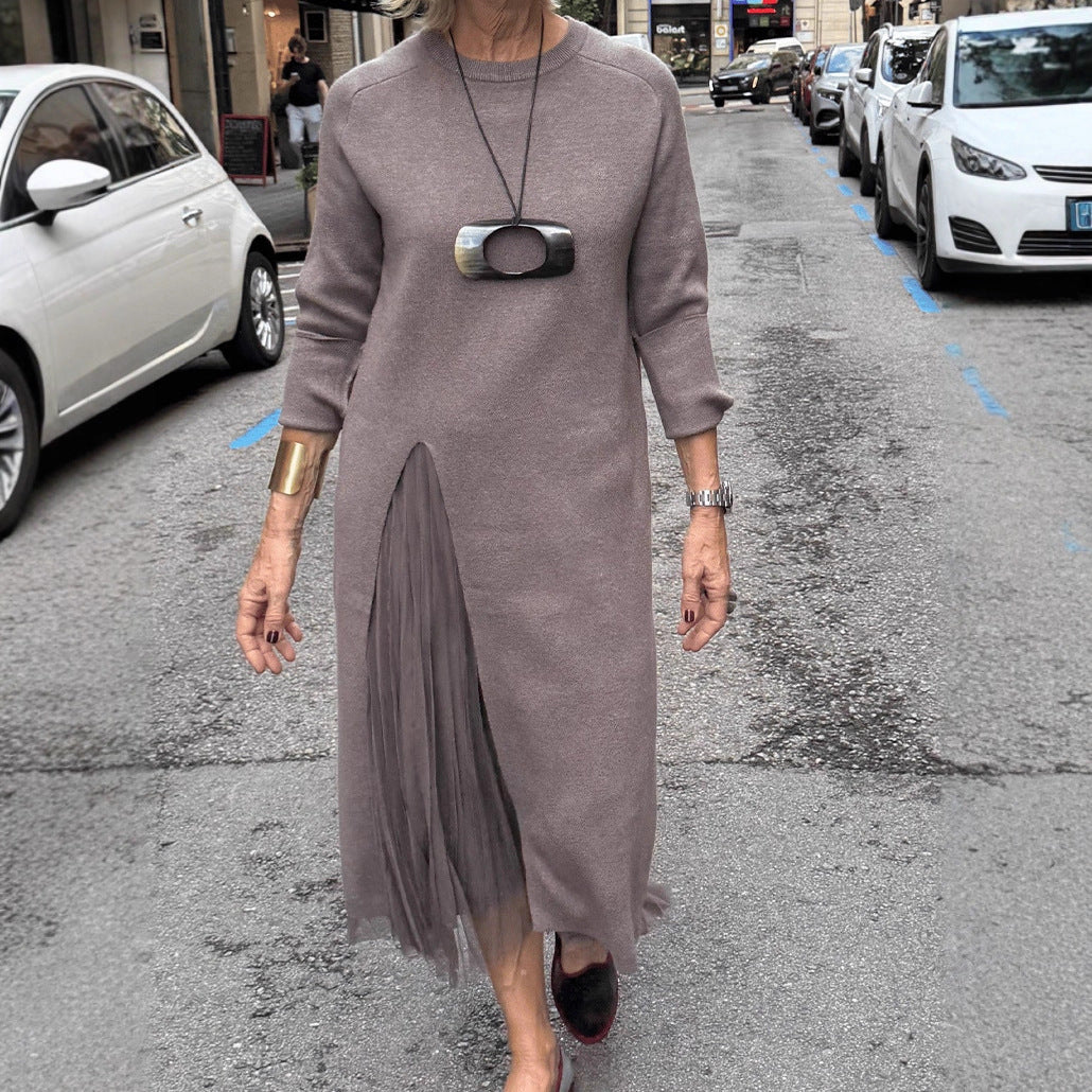Women's Round Neck Knitted Slit Stitching Mesh Dress