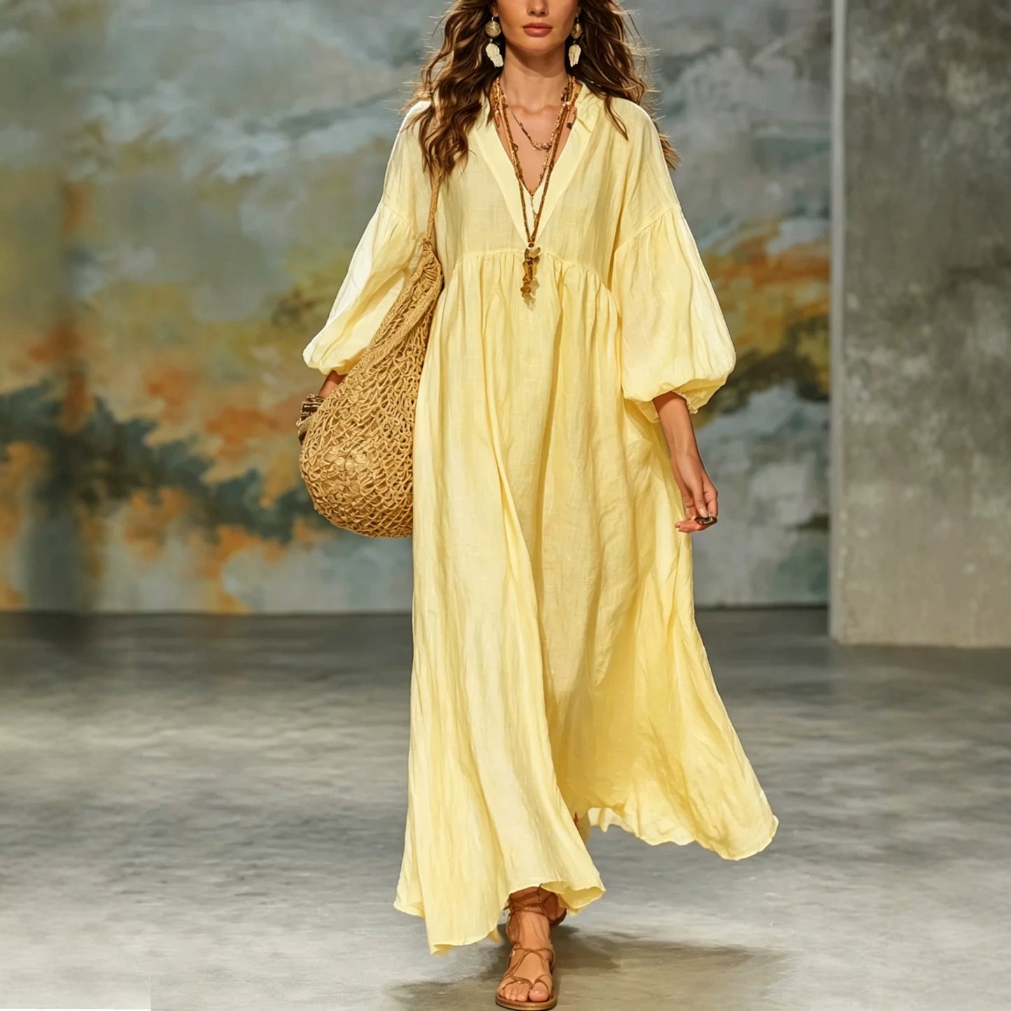 Women's Cotton Linen Deep V Lantern Sleeve Dress