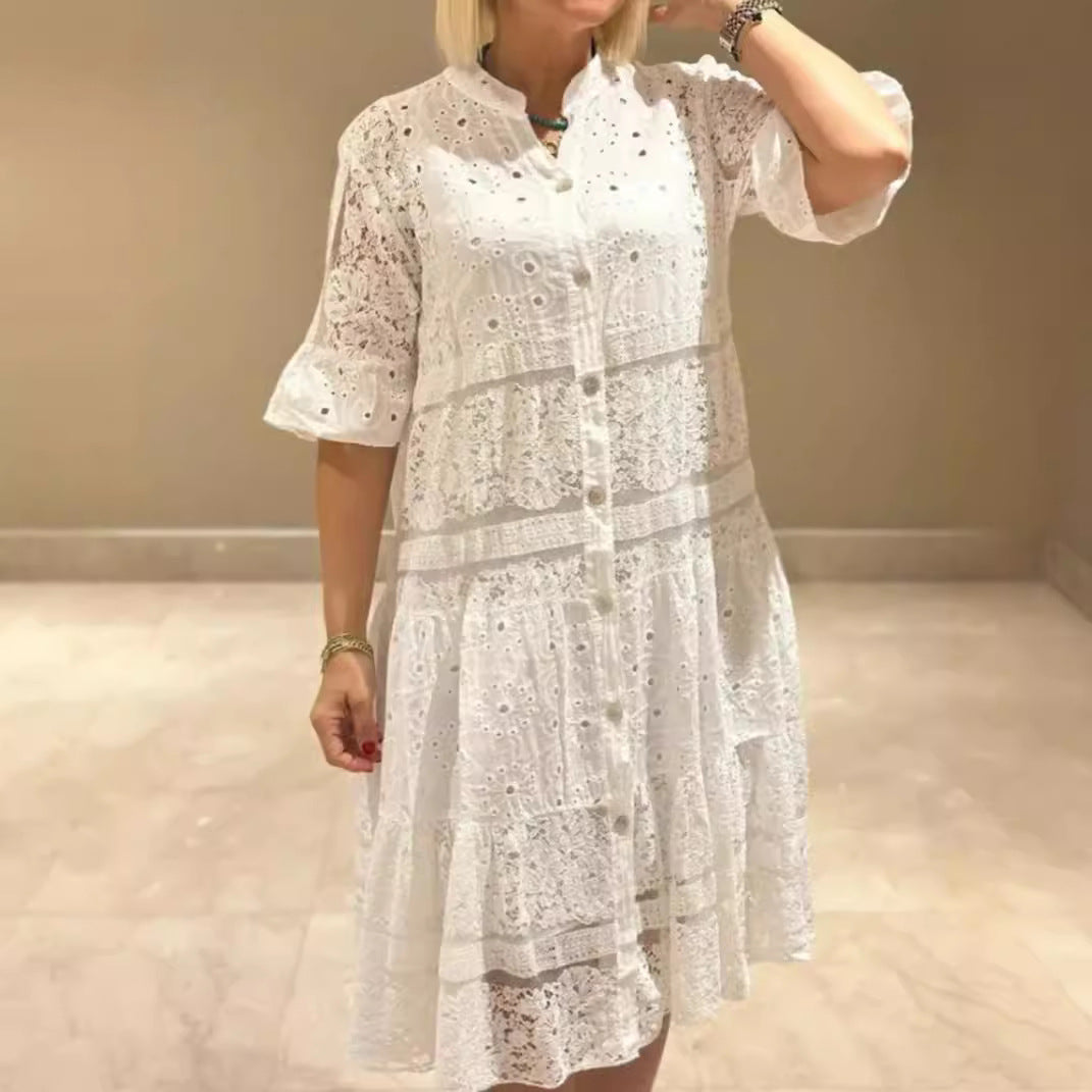 Women's Summer Solid Color Lace Button Stitching Dress