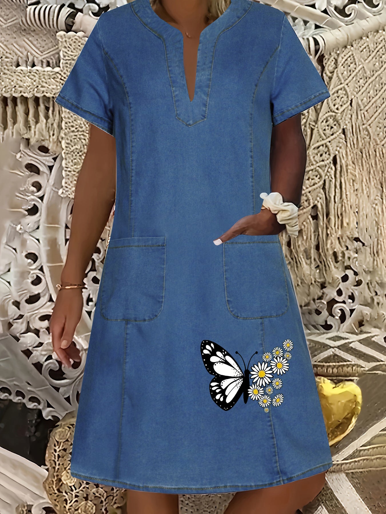 Women's Denim Dress Dark Blue Thin Pocket Dresses