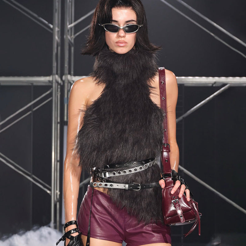 Women's Sleeveless Waist Trimming Fashion Trendy Plush Tops