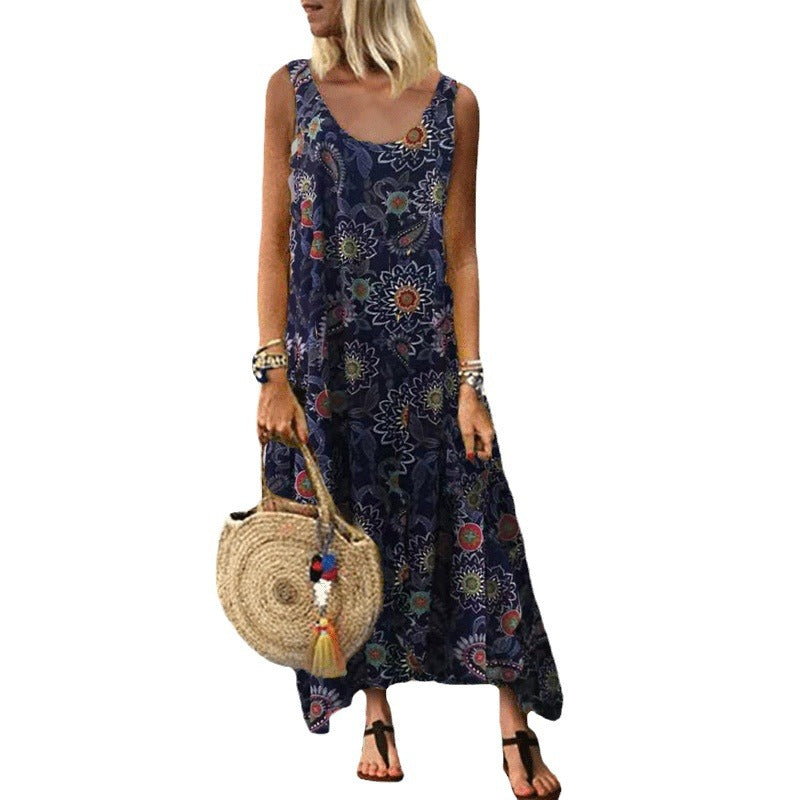Leisure Printed Sleeveless Seaside Vacation Loose Dress