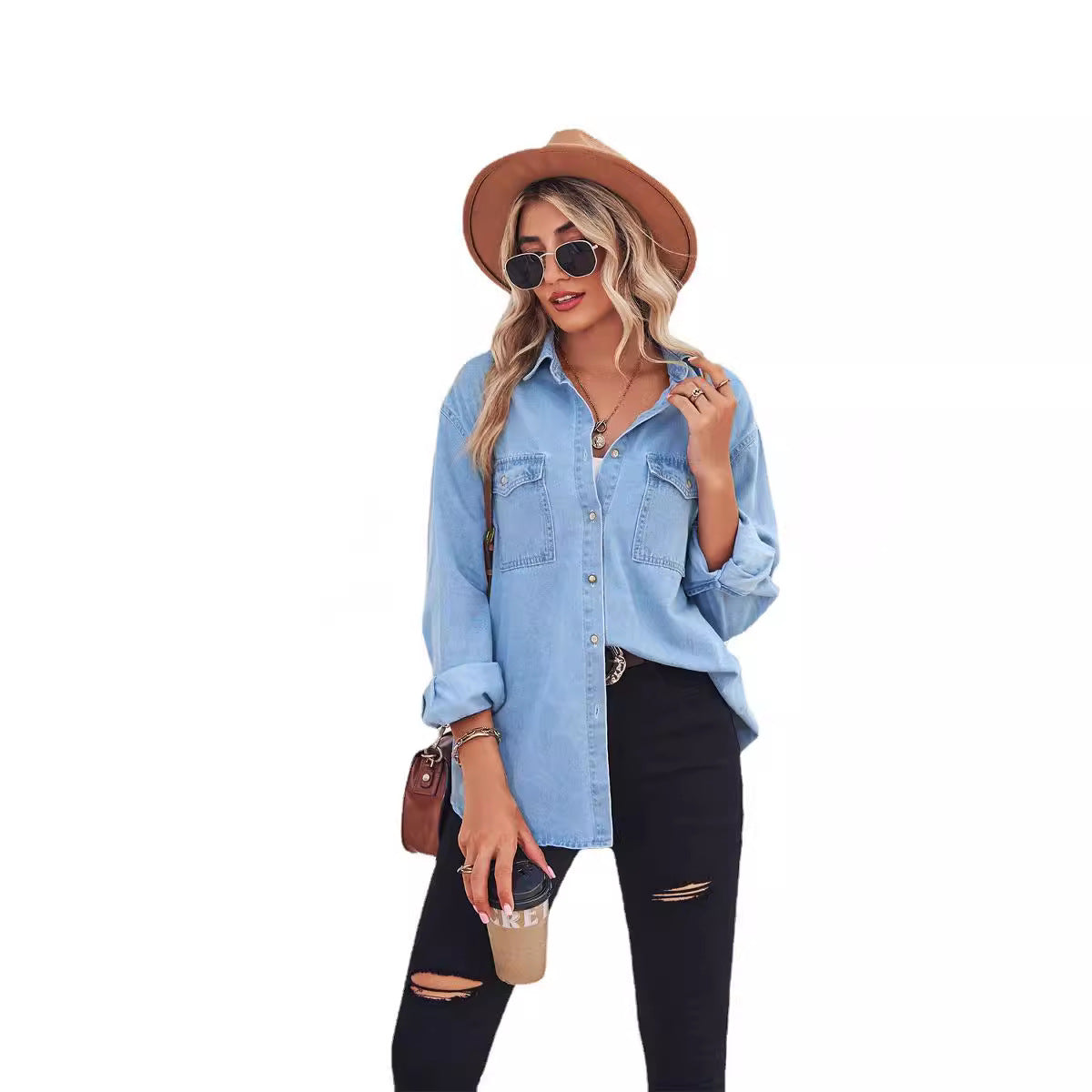 Women's Flattering Thin Denim Long Sleeve Shirt Blouses