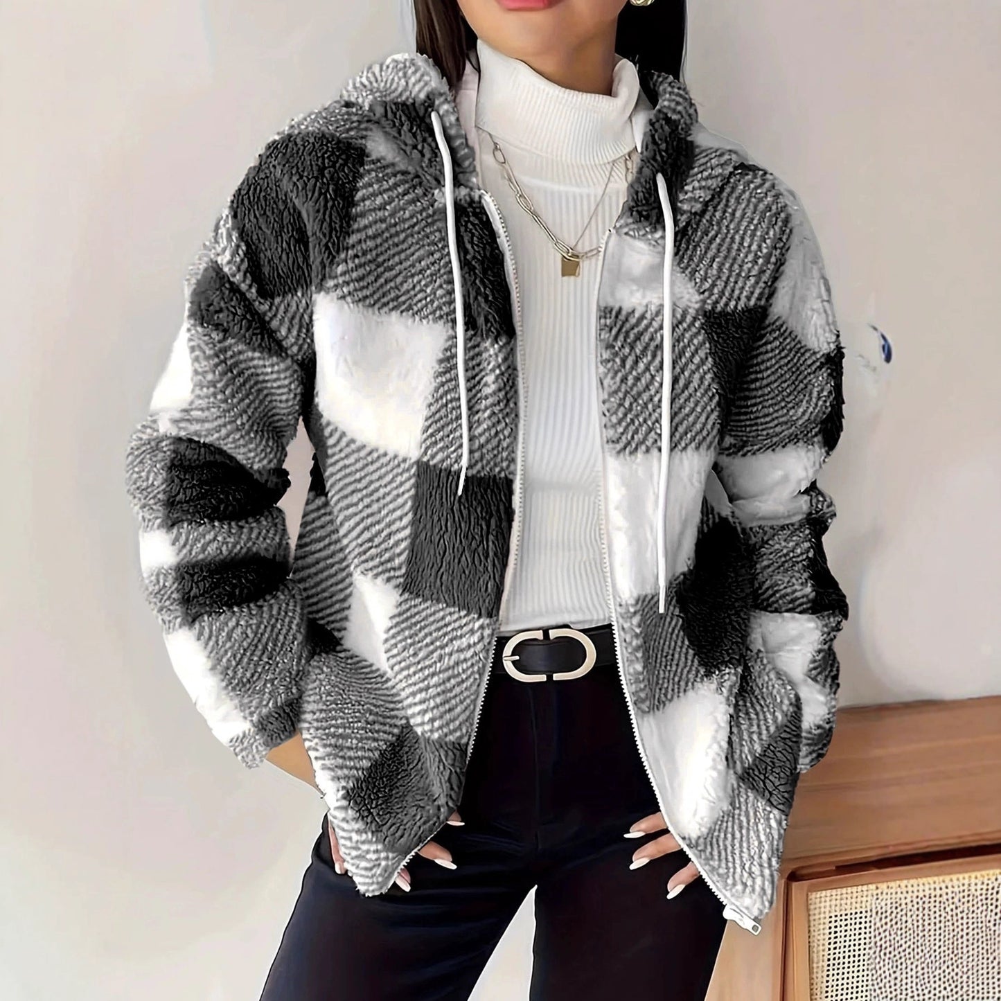 Women's Plaid Loose Casual Hooded Zipper Plush Jackets
