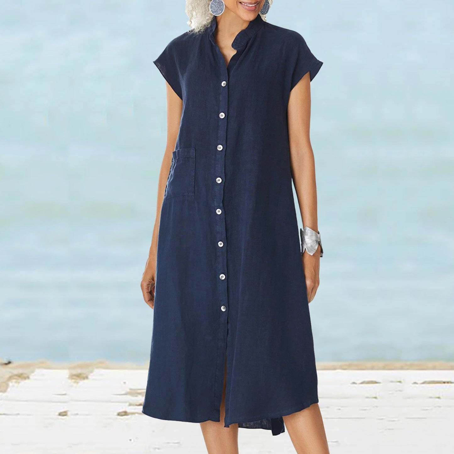 Collar Single-breasted Cotton Linen Pocket Dress Dresses