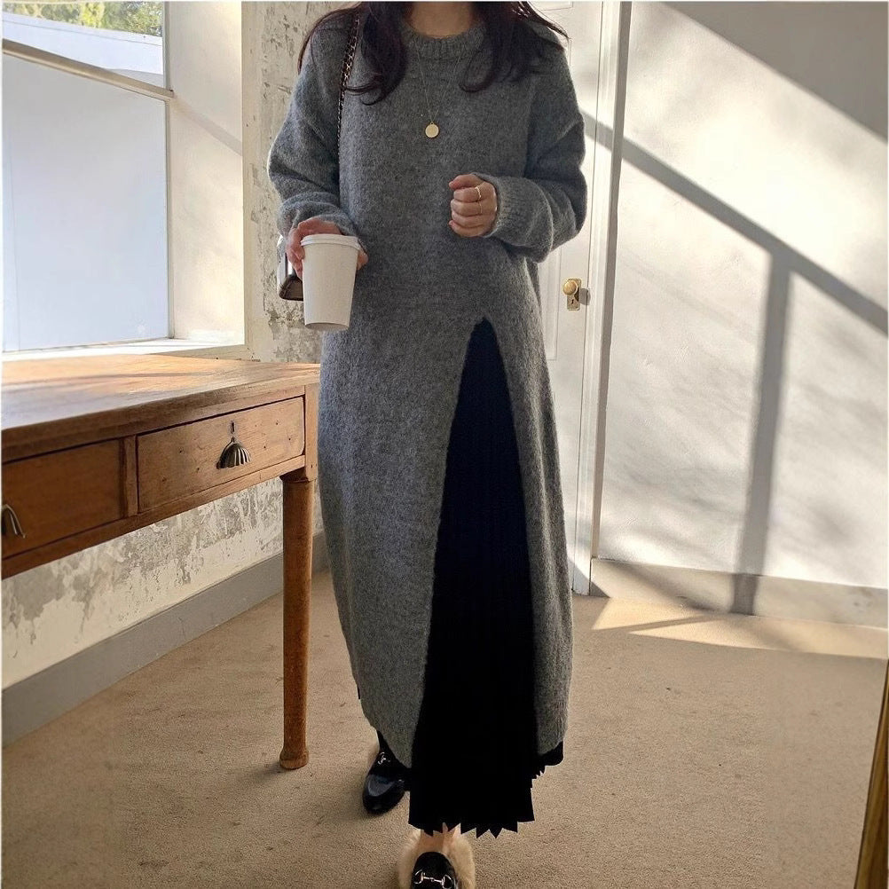 Women's Style Design Knitted Dress Solid Color Loose Pullover Split Sweater