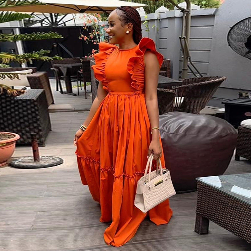 Women's Ruffle Sleeve Round Neck Waist Trimming Long Dresses