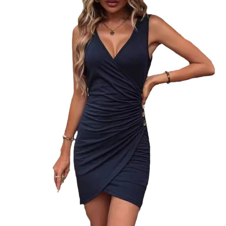 Sexy Pleating Deep V Neck Tight Skirts
