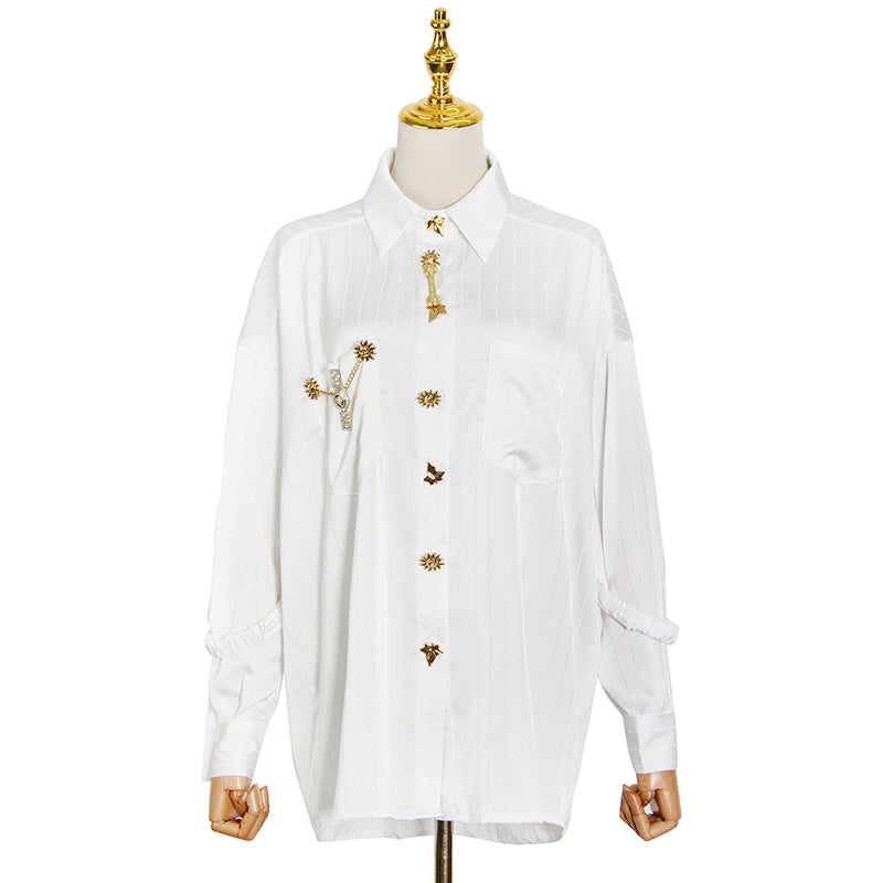 Women's Retro Summer Striped Metal Buckle Lapel Blouses