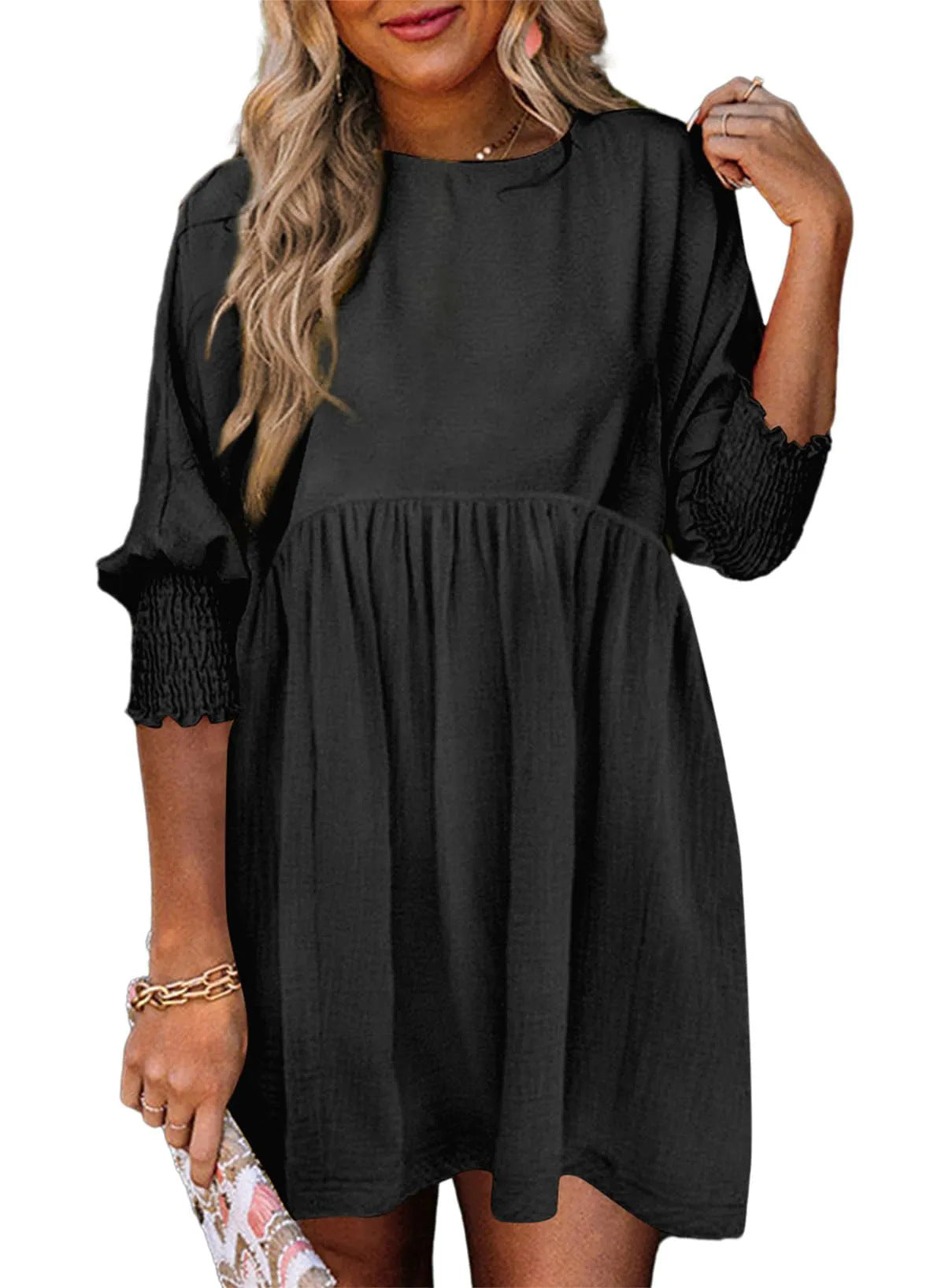 Women's Round Neck Girdle Cuff Pleating Casual Dresses
