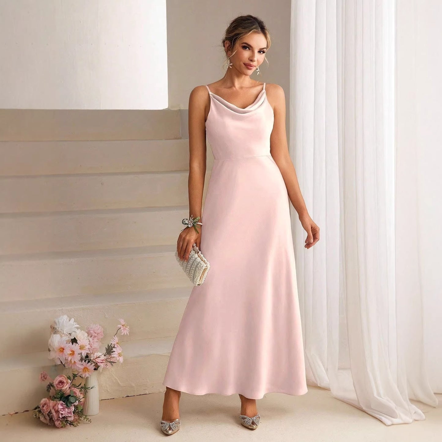 Solid Color Sling Bridesmaid Long Slim Fit Slimming Formal Dress