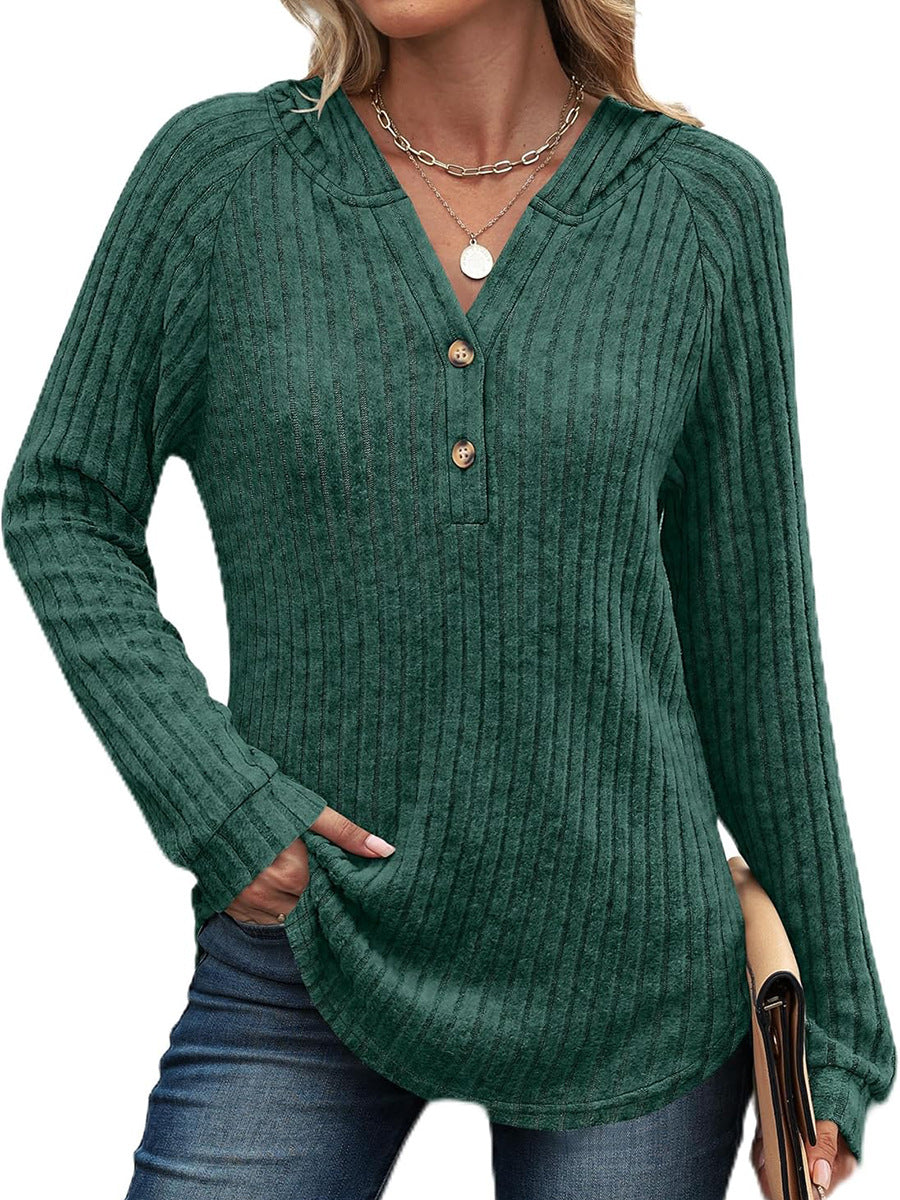 Solid Color Button Loose Hooded Fleece Women's Sweater