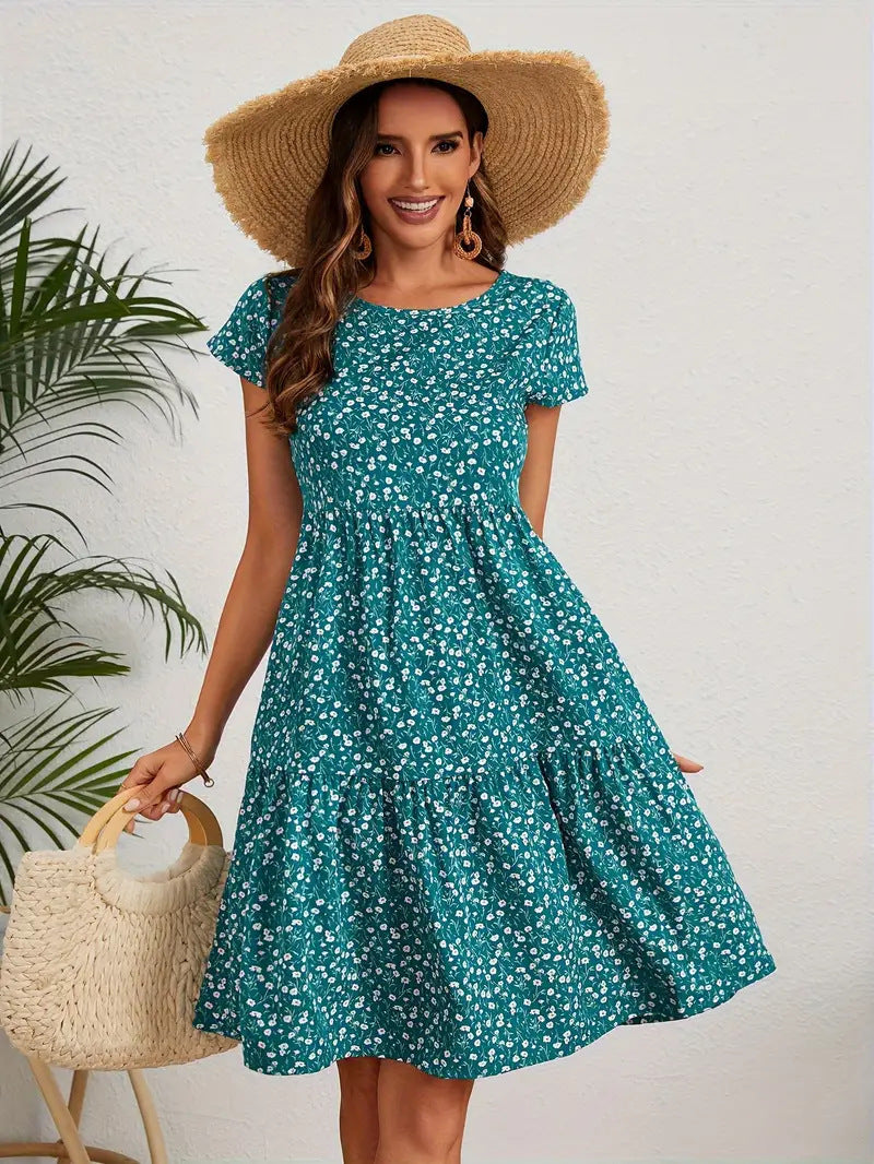 Summer Printed Round Neck Sleeve Casual Dress