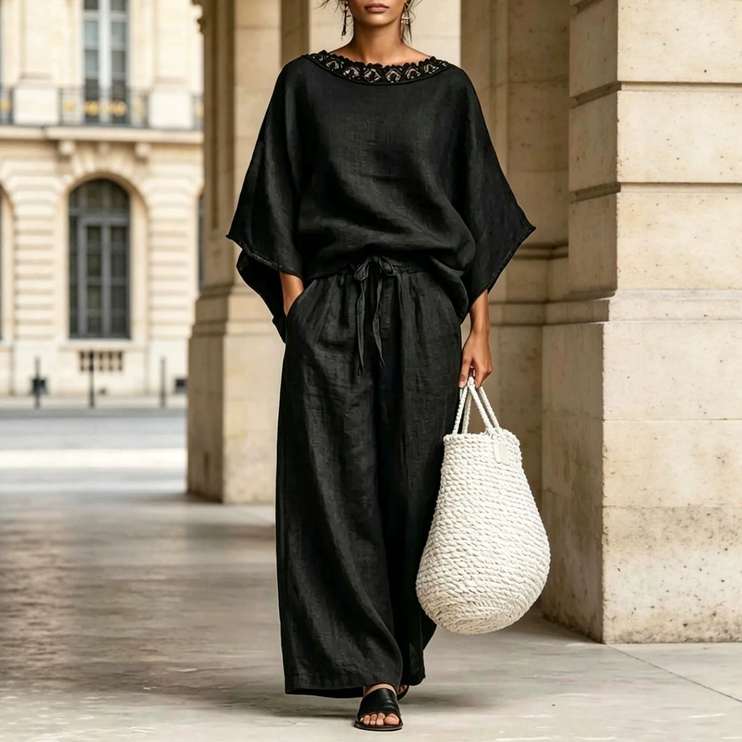 Women's Color Lace Round Neck Loose Sleeves Trousers Shorts