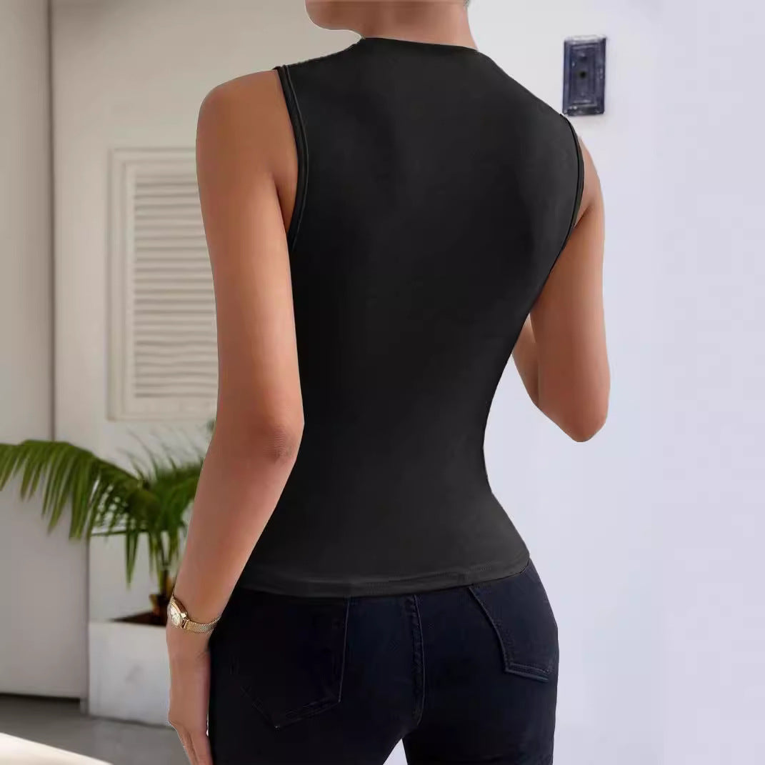 Women's Fashionable Solid Color Pleated Sleeveless Pullover Blouses