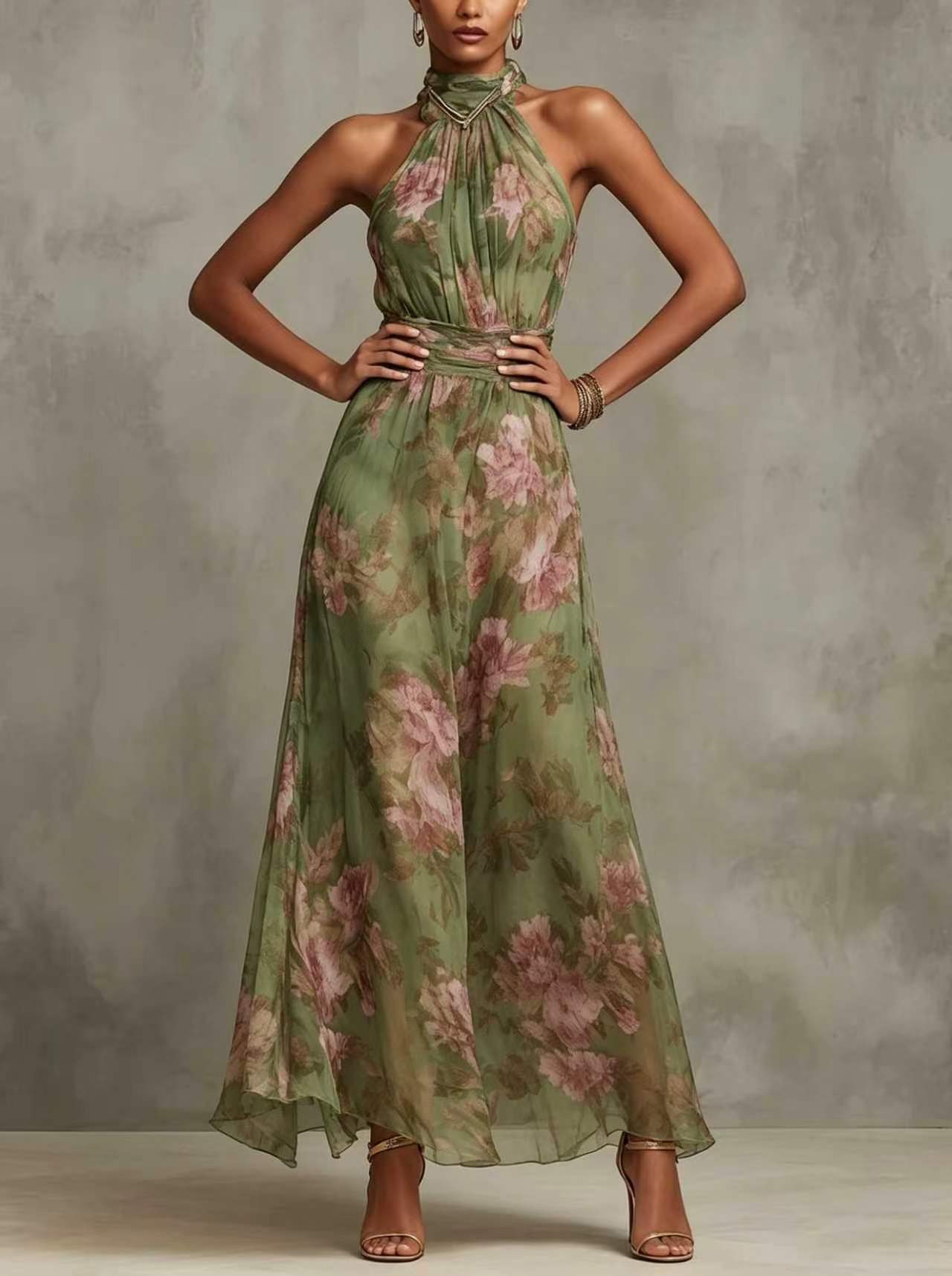 Women's Ruffle Hip Mesh Floral Print Irregular Slit Sexy Suspender Dress