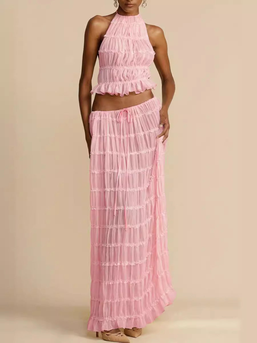 Summer Sexy Backless Halter Pleated Lace Suits