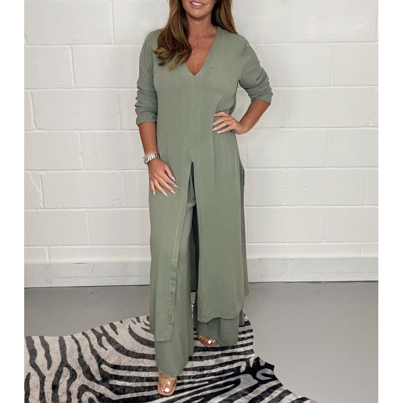 Women's Autumn Pure Color Split Long Shirt Trousers Clothing